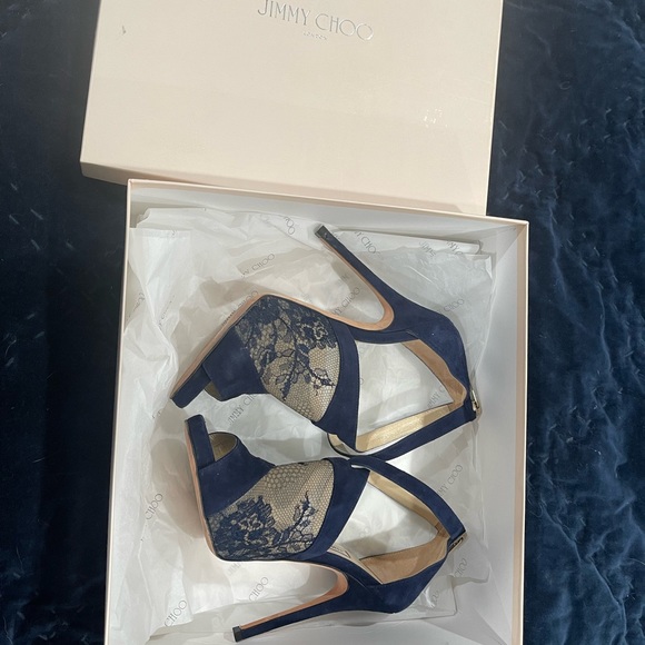 Jimmy Choo Vantage Suede Lace Navy Heels size 6 - Picture 5 of 10